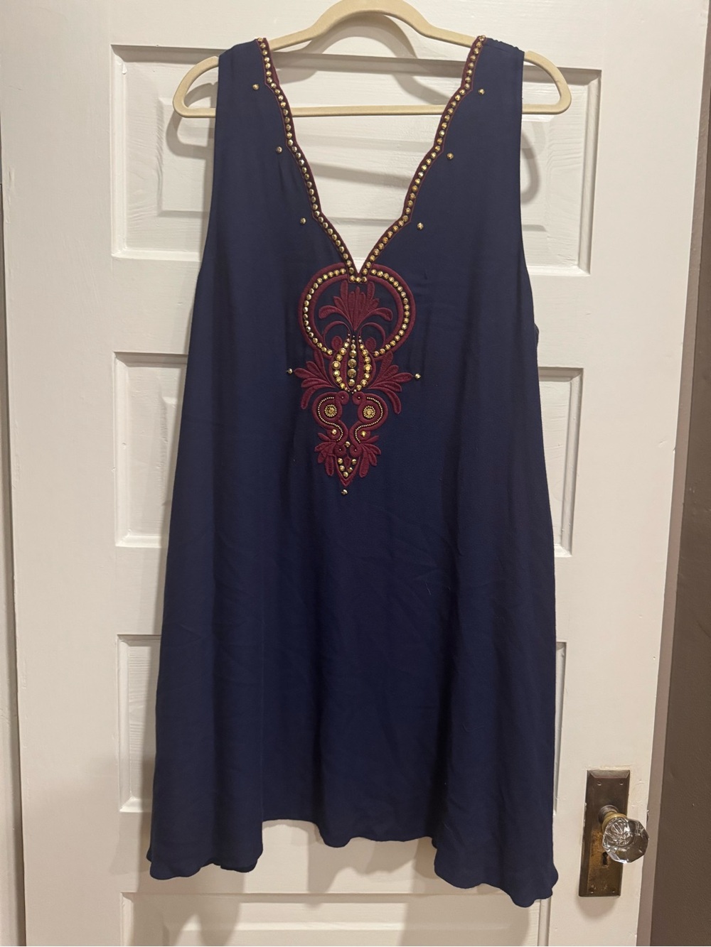 Lilly Pulitzer Owen Dress XL True Navy Burgundy Gold Beaded Swing Dress